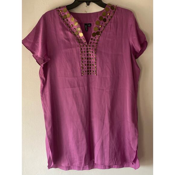 Relativity Purple Embellished Top SZ XL Cotton Blend Short Sleeve Ethnic Career - Picture 1 of 9
